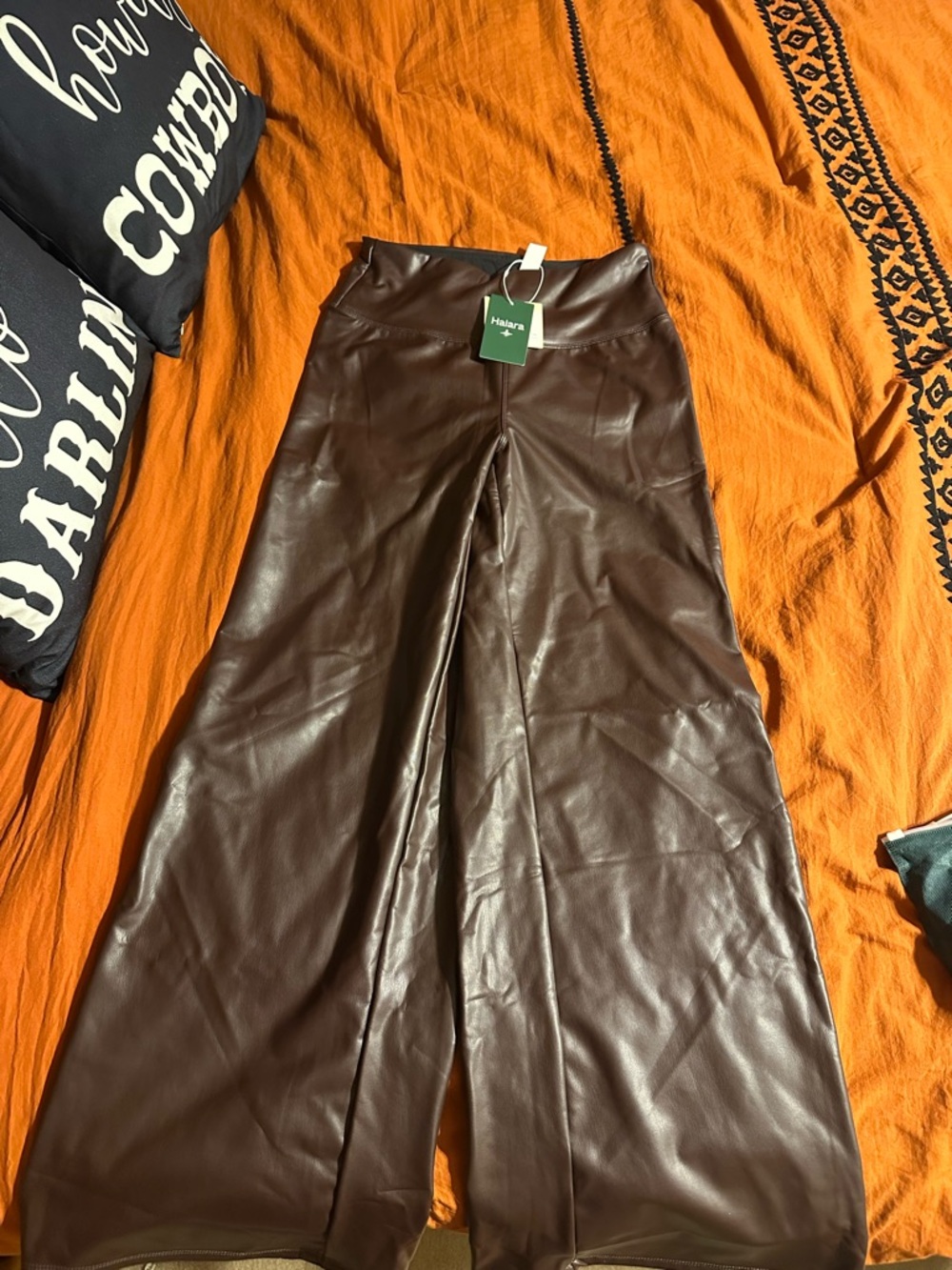 HALARA Wide Leg Faux Leather Pants in Brown